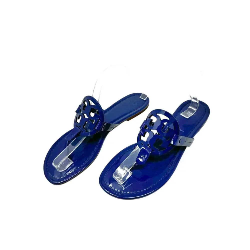 TORY BURCH Blue Metallic Miller Logo Patent Leather Sandals Size 10
